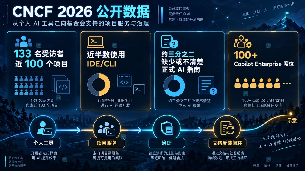 CNCF 2026 年公开数据卡片与个人工具、项目服务、治理和文档反馈闭环趋势说明图