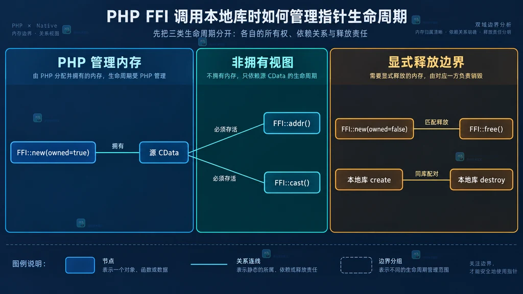 PHP FFI 管理内存、非拥有指针视图和本地库句柄三个所有权分组的静态关系图