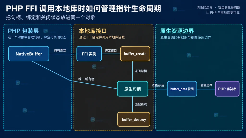 NativeBuffer 包装对象、FFI 绑定、原生句柄、创建函数、销毁函数和只读数据视图之间的静态关系图