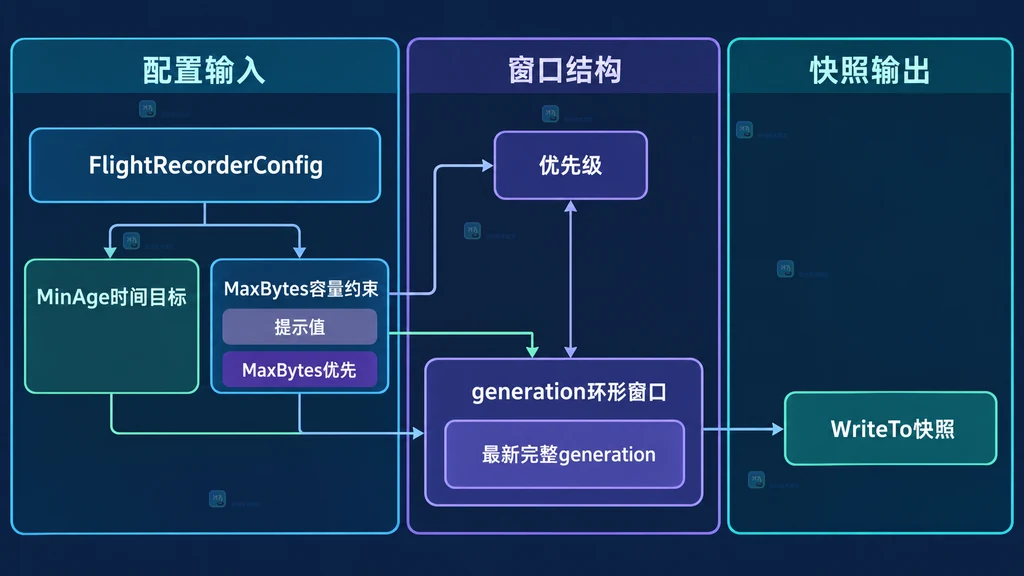 Go flight recorder 事件类别、完整 generation 与移动窗口的静态数据结构说明图