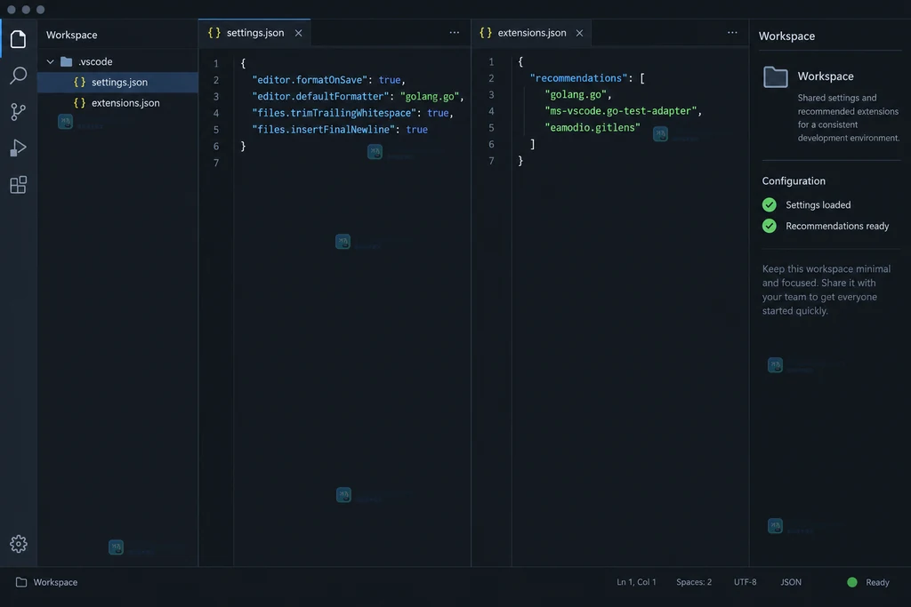 原创代码编辑器工作区中 settings.json 与 extensions.json 的最小文件结构