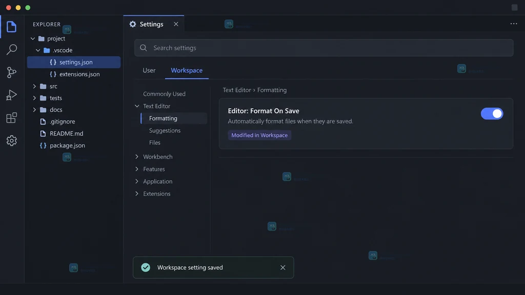 原创 VS Code 风格设置界面说明图，展示 Workspace 标签被选中、Format On Save 已启用以及 .vscode settings.json 项目文件