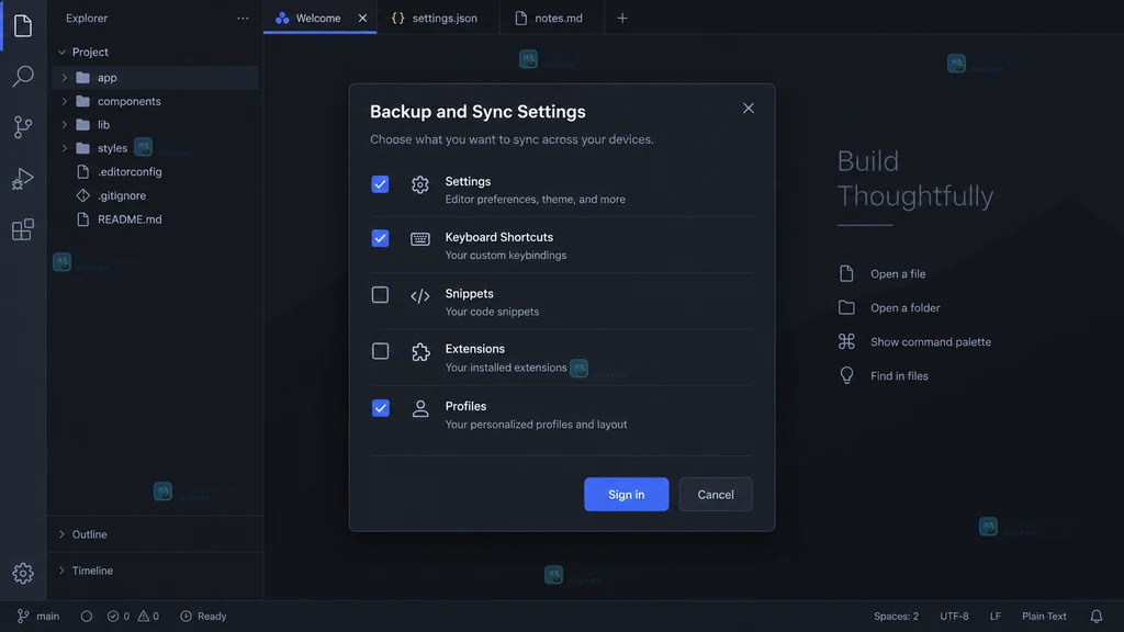原创 VS Code 风格界面说明图，展示 Backup and Sync Settings 数据类别选择器与 Settings、Keyboard Shortcuts、Extensions 勾选状态