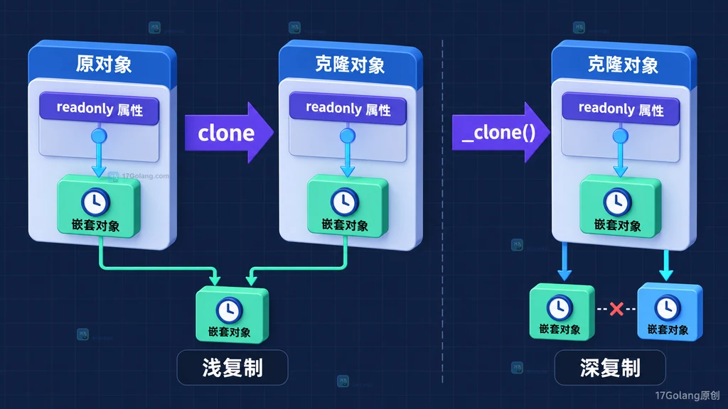 PHP readonly 属性在浅复制和 __clone 深复制时的嵌套对象引用关系