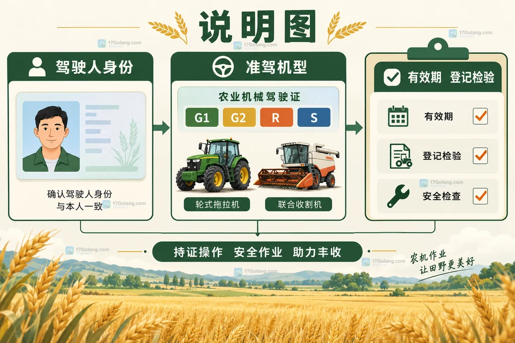 农业合作社核对驾驶人身份、农机驾驶证准驾机型和机具登记检验状态的三联说明图