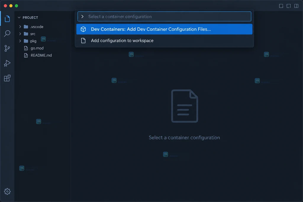 Dev Containers 命令面板中添加项目容器配置的原创界面说明