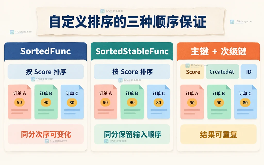 SortedFunc、SortedStableFunc 与显式次级键的顺序保证对比