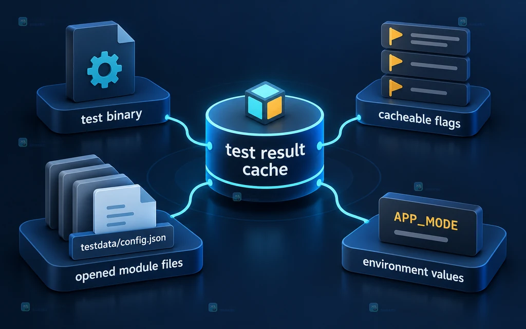 测试二进制、参数、模块内文件和环境变量共同参与 go test 缓存身份