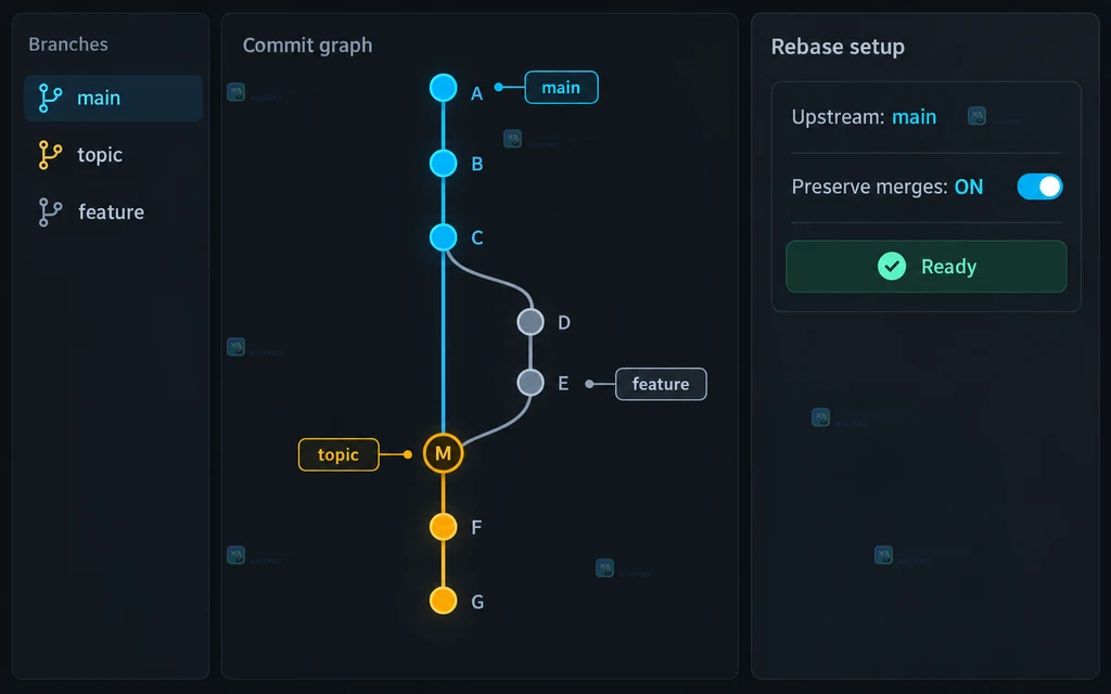 Git 历史工作台中 topic 分支带有 merge 节点并开启 Preserve merges 的操作示意图