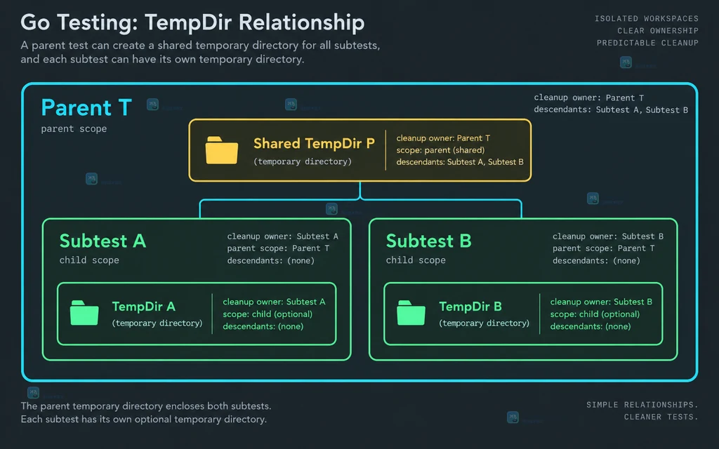 父 testing.T 的共享 TempDir 覆盖全部子测试，子 testing.T 的独立 TempDir 只覆盖自己的子测试树