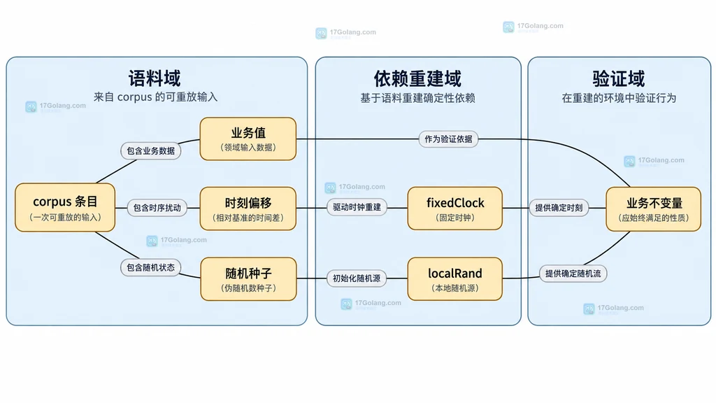 fuzz corpus、固定时钟、局部随机源和业务不变量的静态结构图