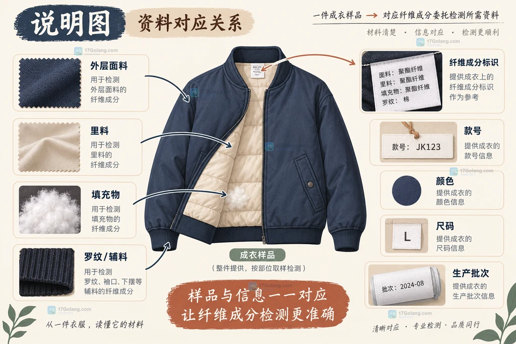 服装纤维成分委托检验从原状包装、委托单、收样确认到报告方法和结论核对的交接说明图