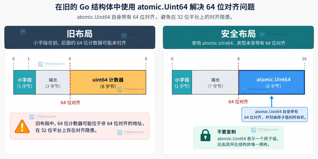 旧结构体字段与 atomic.Uint64 自动对齐能力的静态说明图
