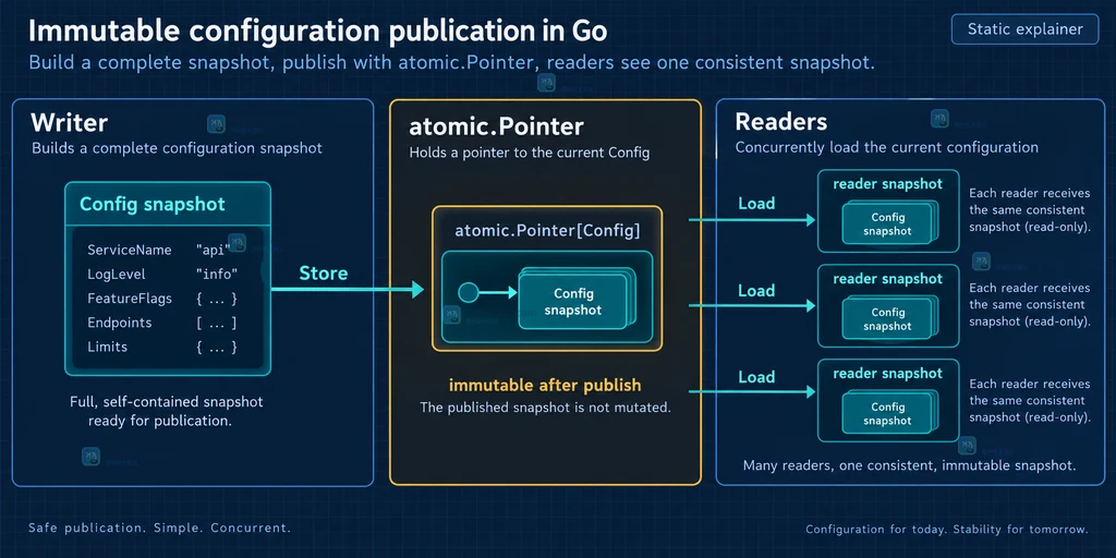 配置快照通过 atomic.Pointer Store 发布并由多个读协程 Load 的静态结构说明图