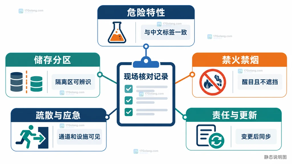 现场核对记录关联危险特性、储存分区、禁火禁烟、疏散应急和责任更新的静态说明图