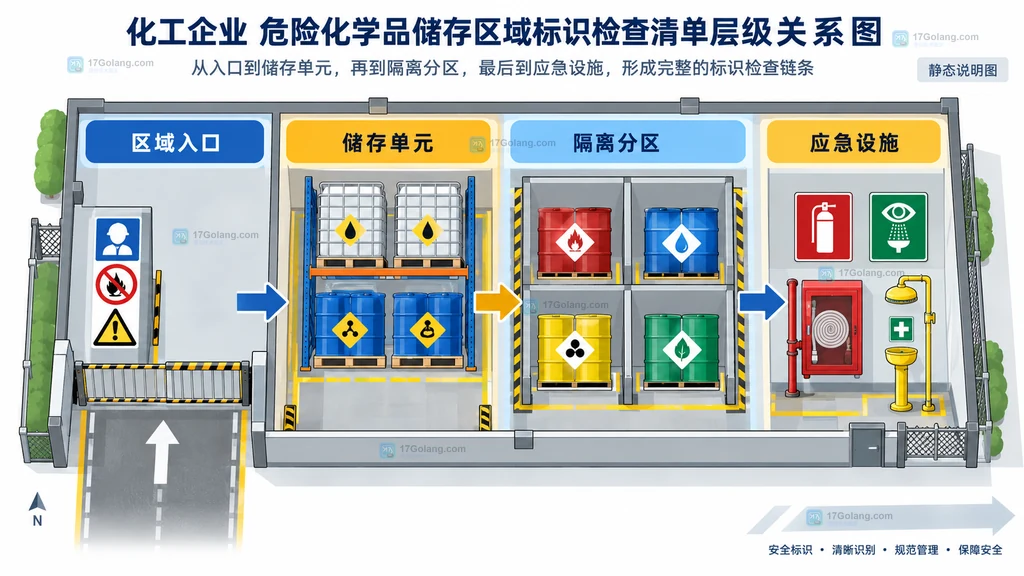 危化品储存区域入口、储存单元、隔离分区和应急设施的静态关系说明图
