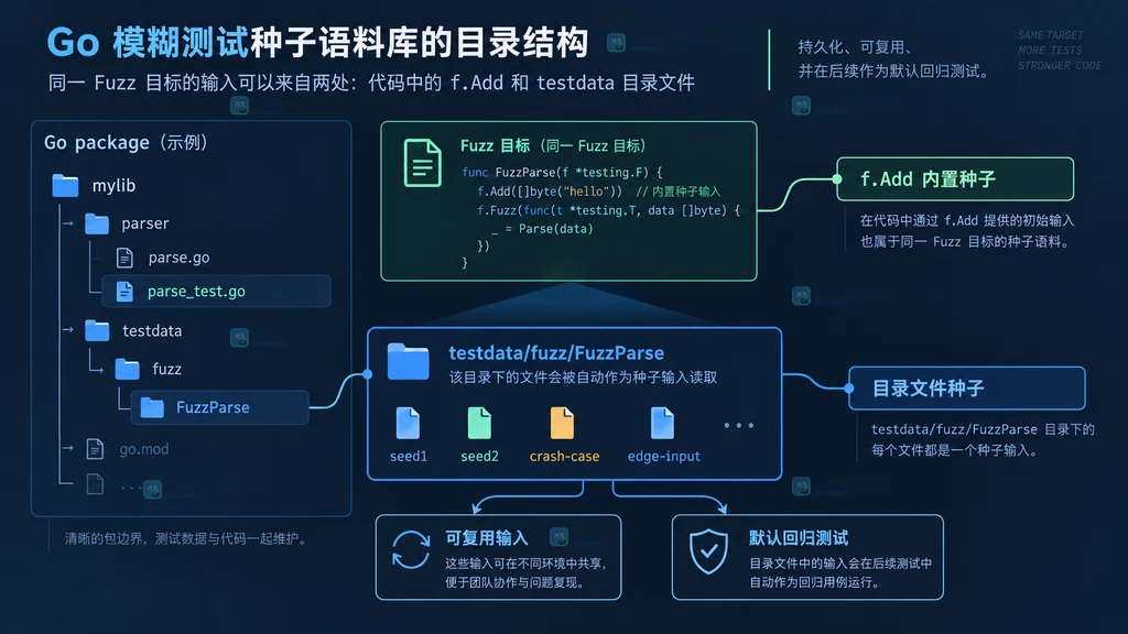 Go fuzzing 的 package、testdata/fuzz、Fuzz 目标目录和种子文件之间的静态结构说明图
