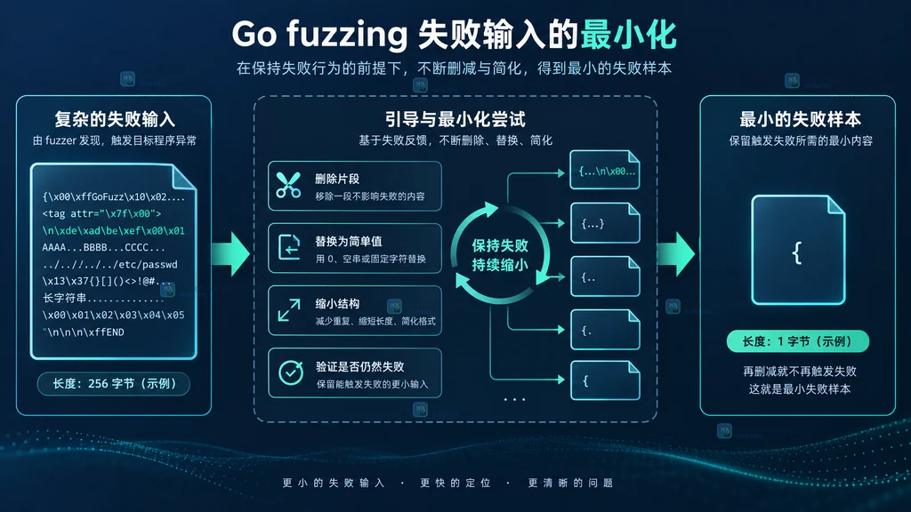 Go fuzzing 从复杂失败输入经过覆盖引导和最小化尝试得到最小失败样本的静态结构图