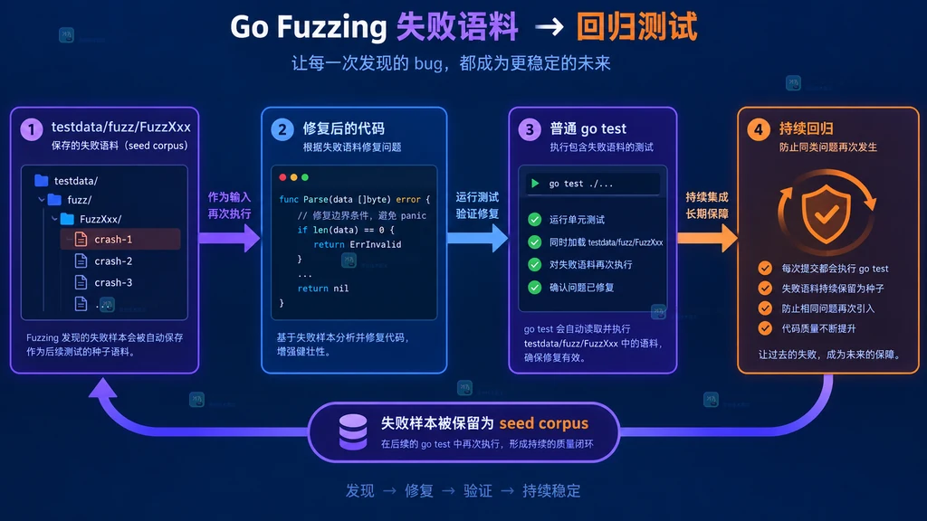 Go fuzzing 失败语料进入 testdata fuzz 后由普通 go test 持续回归的静态架构图
