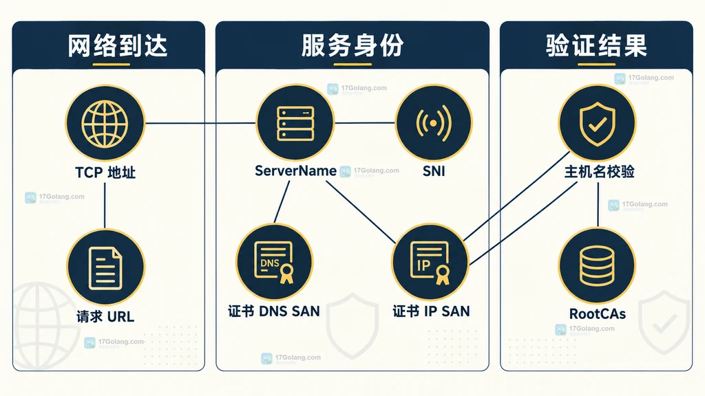 TLS 中 TCP 地址、ServerName、SNI、证书 DNS SAN、RootCAs 与主机名校验的关系说明图