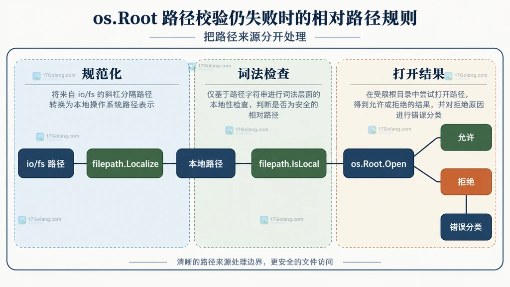io/fs 路径、filepath.Localize、本地路径、filepath.IsLocal 与 os.Root.Open 的职责关系