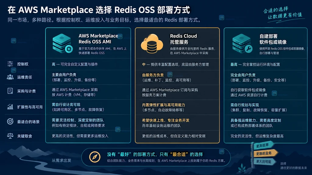 AWS Marketplace Redis OSS AMI、Redis Cloud 与自建 Redis 部署选择对照图