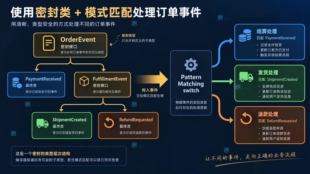 订单事件从根接口经过履约密封层级进入模式匹配分派的结构图