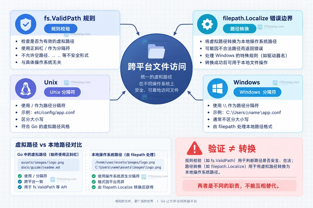 fs.ValidPath、filepath.Localize 与 filepath.FromSlash 的职责关系静态说明图
