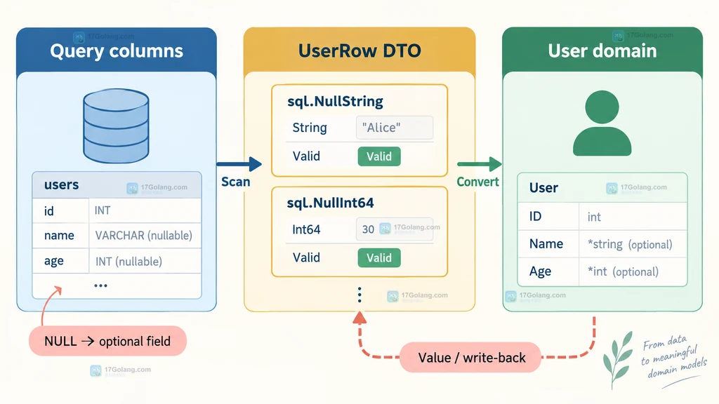 查询列、UserRow 数据库 DTO、Valid 判断、User 业务结构体和 Value 写回之间的关系图