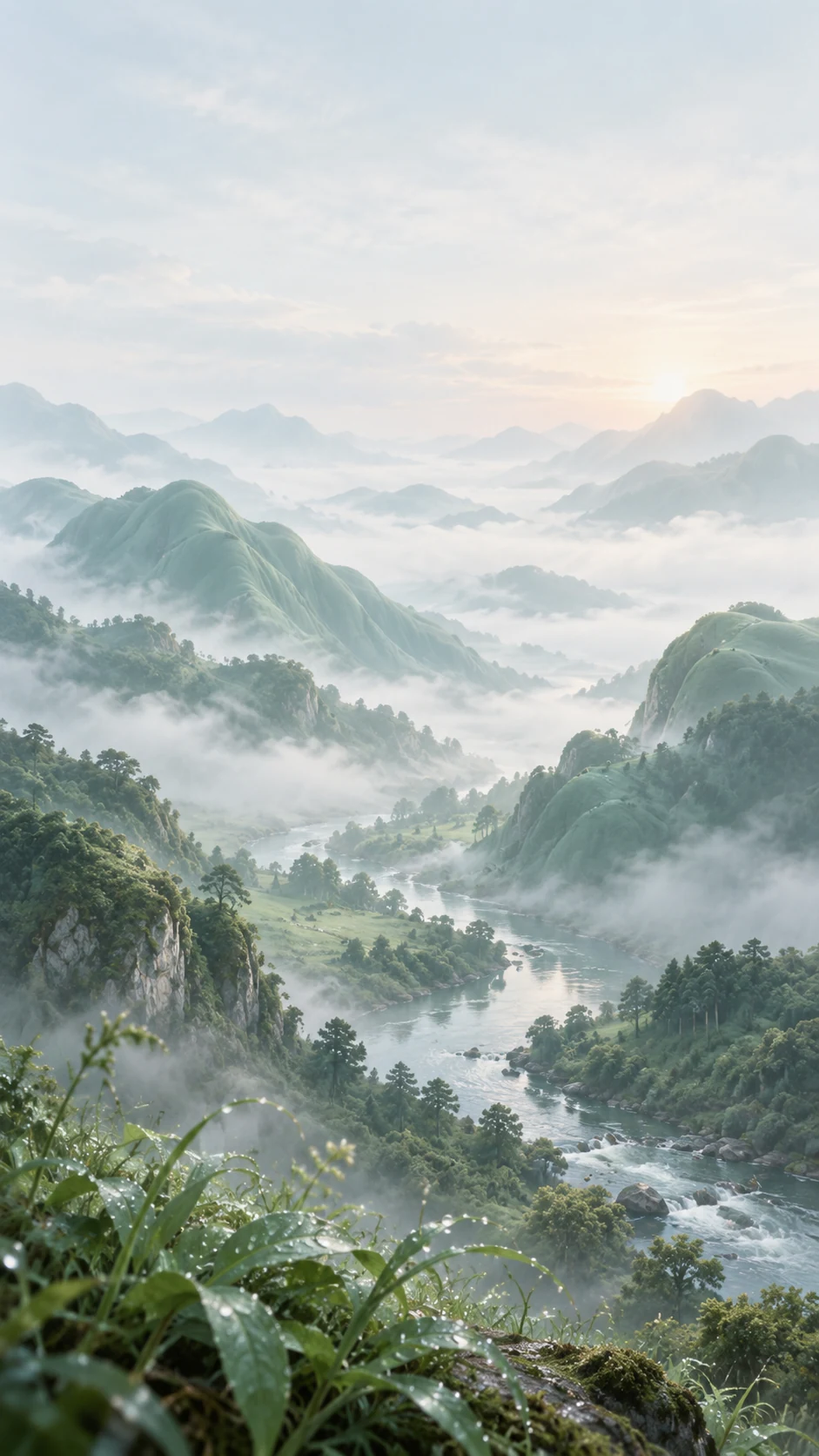 青瓷色山谷在清晨薄雾中的原创手机壁纸说明图