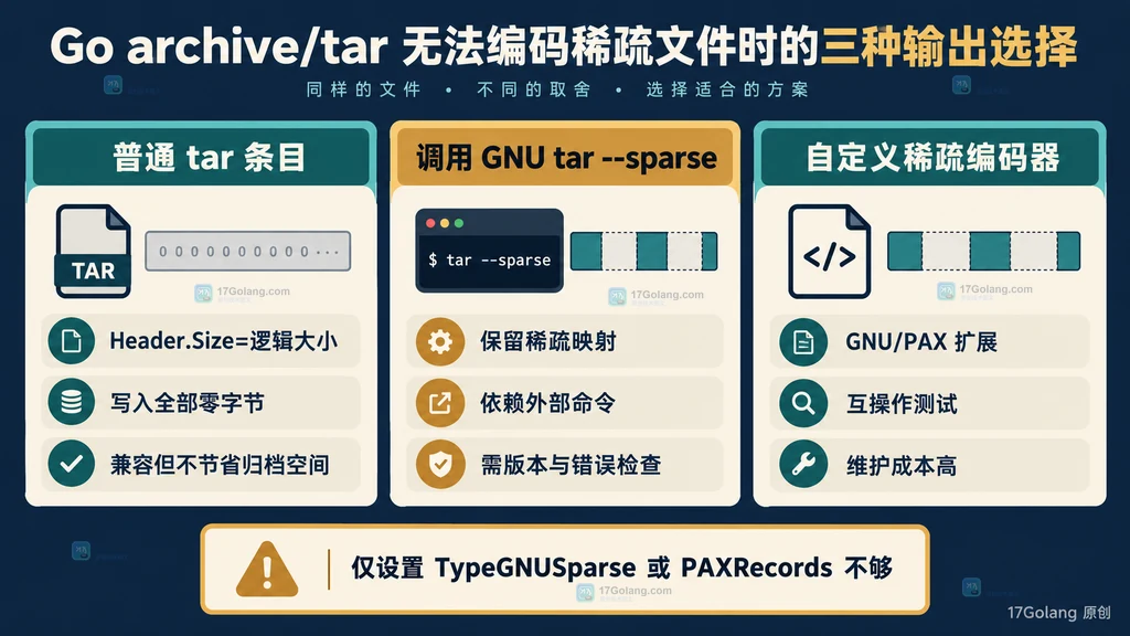 普通 tar、GNU tar sparse 与自定义编码器的选择对比图