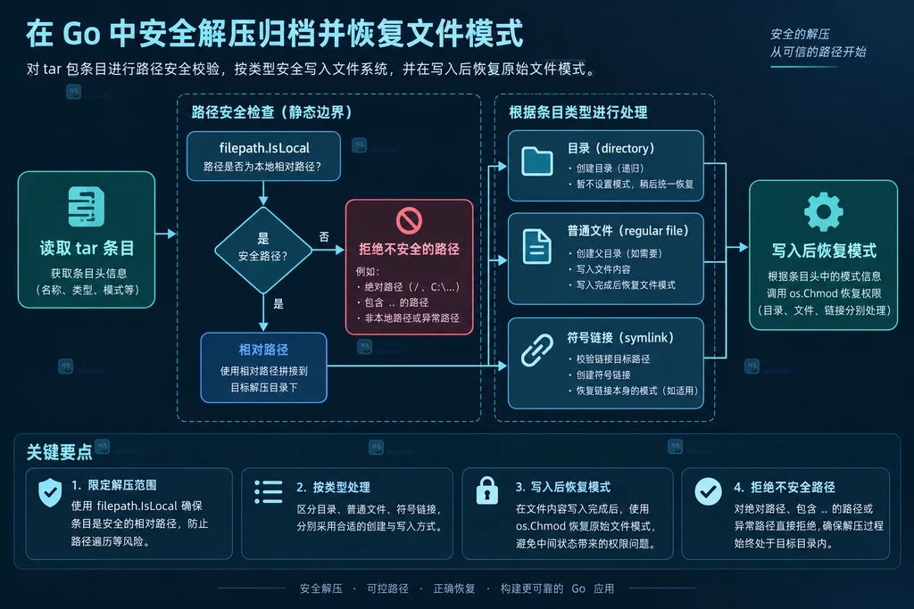Header.Mode、Typeflag、文件内容与 os.Chmod 之间关系的静态说明图