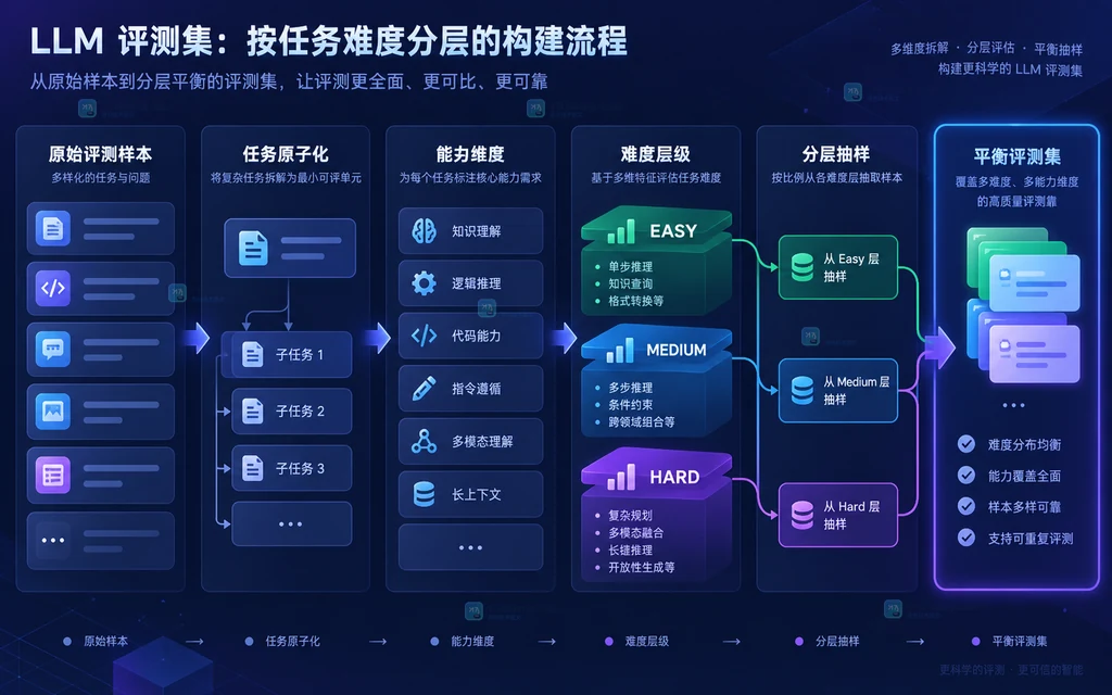 LLM 评测题从任务原子化到能力维度和 easy medium hard 分层的静态关系图