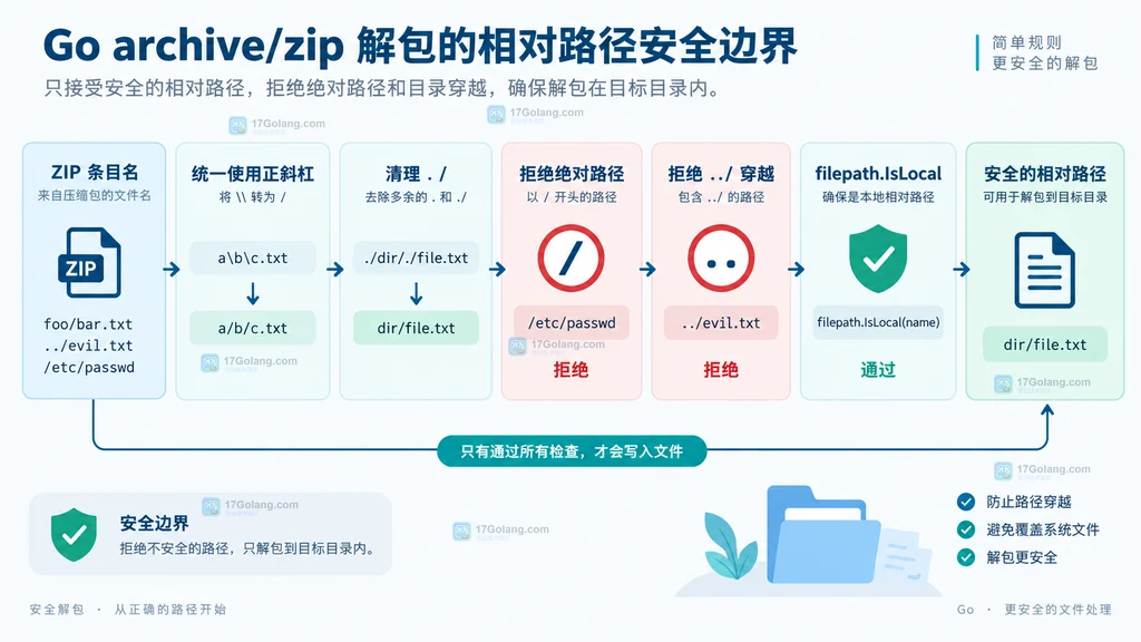 ZIP 条目名经过斜杠统一和 filepath.IsLocal 判断后进入安全相对路径的结构说明图