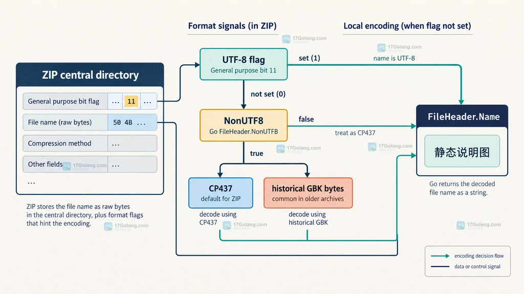 Go archive zip 文件名编码说明图，展示 UTF-8 标志、NonUTF8、CP437、GBK 字节与 FileHeader.Name 的关系