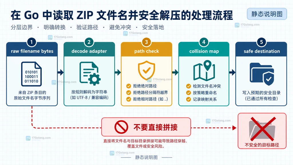 Go ZIP 文件名从原始字节到安全目标路径的分层处理结构图