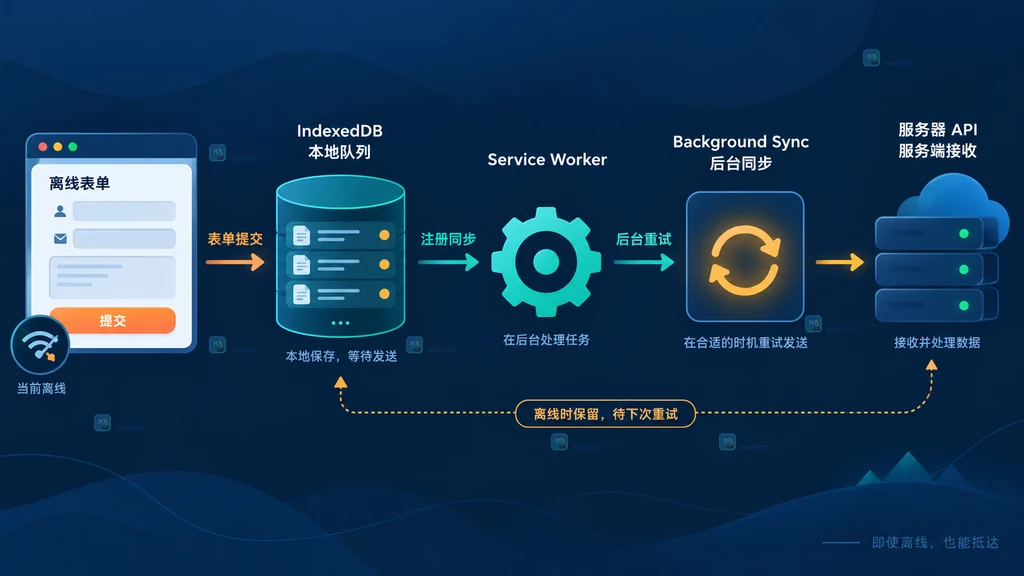 离线表单写入 IndexedDB 并交给 Service Worker 后台发送的数据流说明图