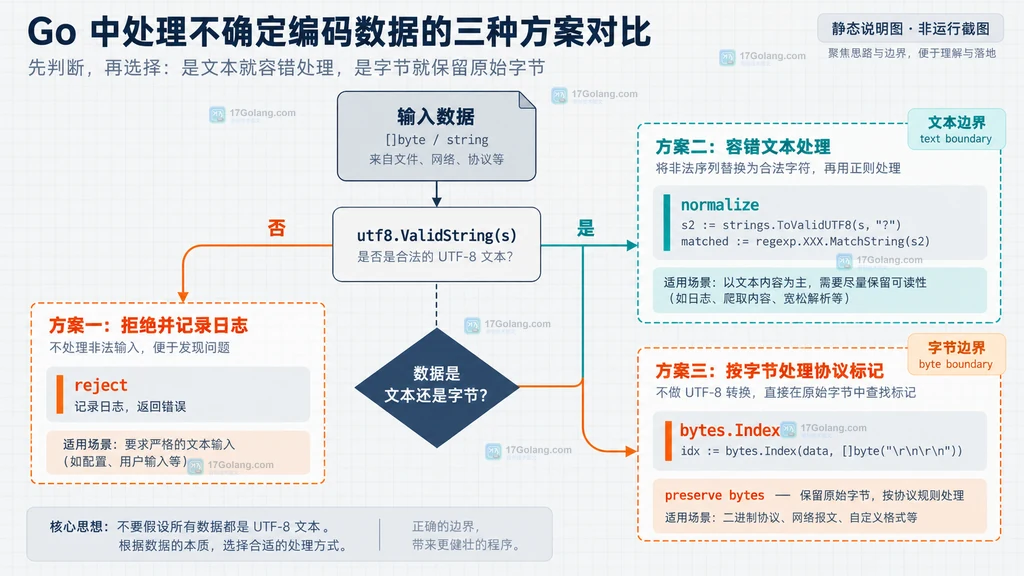 按文本边界、容错文本和原始字节选择 Go 处理方案的对比说明图