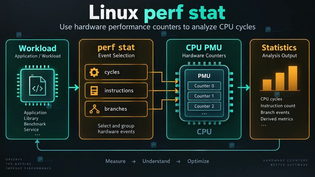 工作负载通过 perf stat 选择 cycles、instructions 和 branches，再由 CPU PMU 计数器统计并输出结果的结构说明图