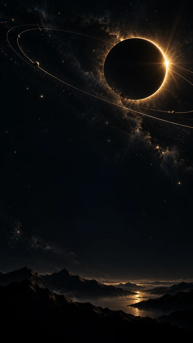 黑金月蚀与细线星环手机壁纸提示词