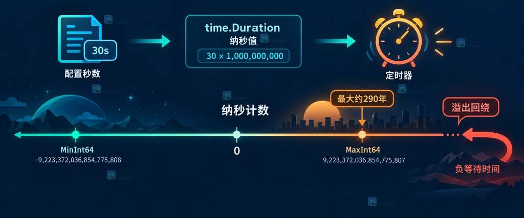 外部配置经过 time.Duration 单位换算和边界保护后进入 Timer 或 Ticker 的安全退避流程图