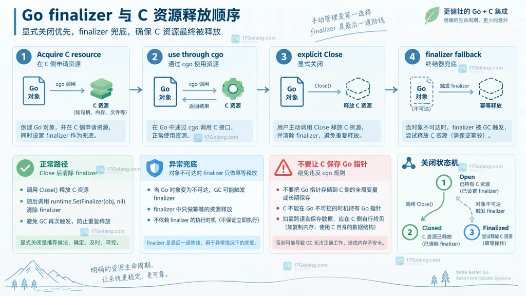 C 资源从申请、cgo 使用、显式 Close 到 finalizer 兜底的四阶段关闭状态机说明图