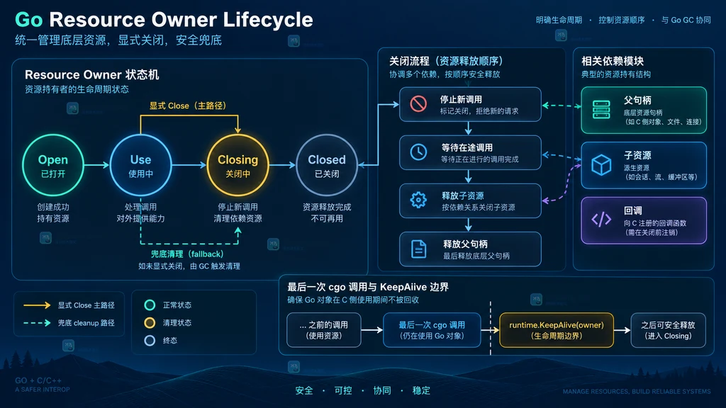 Go wrapper、显式 Close、runtime.SetFinalizer、runtime.AddCleanup 与 runtime.KeepAlive 的职责边界结构图
