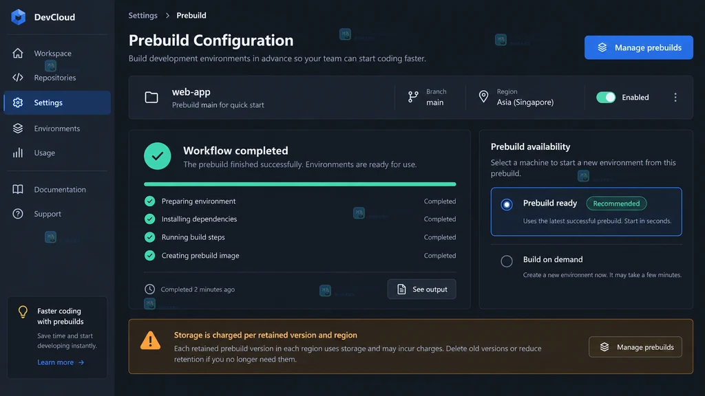 GitHub Codespaces 预构建完成状态的原创界面说明图,包含工作流完成和 Prebuild ready 状态
