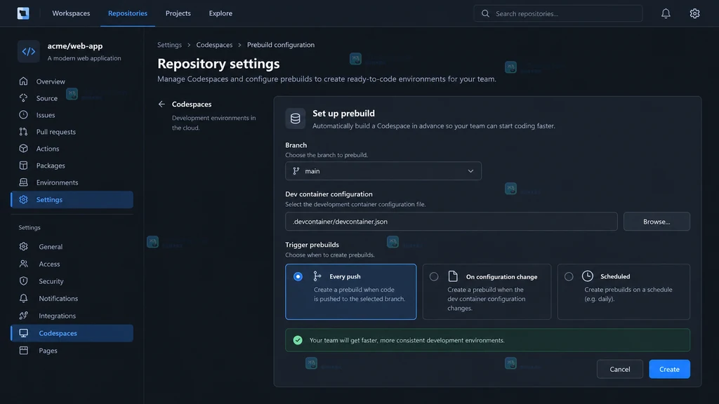 GitHub Codespaces 预构建配置入口的原创界面说明图,包含仓库设置、分支和 devcontainer 配置字段