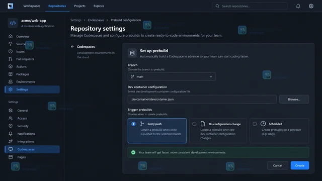 GitHub Codespaces 预构建配置减少启动等待