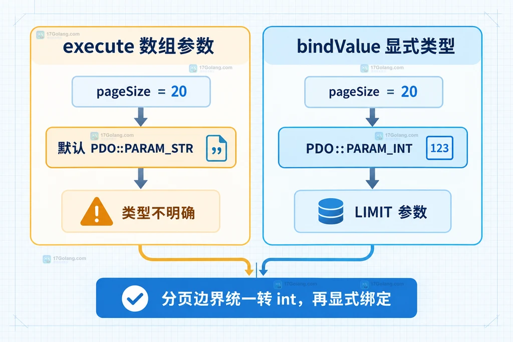 execute 数组参数与 bindValue PDO PARAM INT 显式绑定的静态对比图