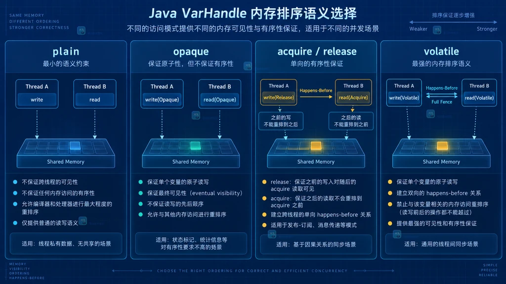 Java VarHandle plain opaque acquire release volatile 内存序从弱到强的静态对比结构图