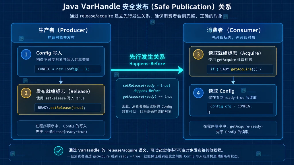 Java VarHandle setRelease 与 getAcquire 发布数据和读取标志的可见性关系结构图