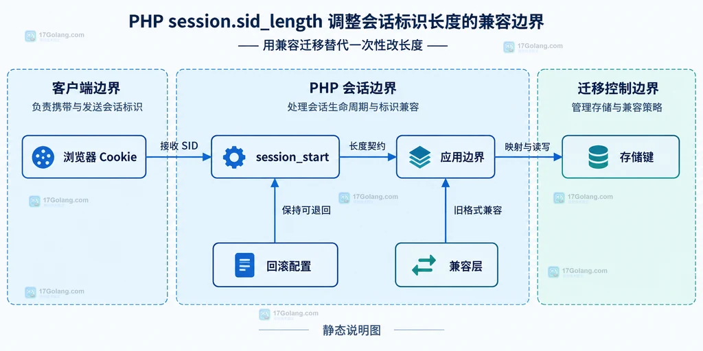 浏览器 Cookie、session_start、应用边界、存储键、兼容层和回滚配置之间的静态迁移关系说明图